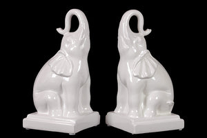 Neat and Clean Trumpeting Ceramic Elephant Bookend Set of Two (White)