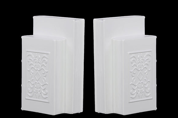 Ceramic Manuscript Bookend Adorn with Beautiful Motif in White