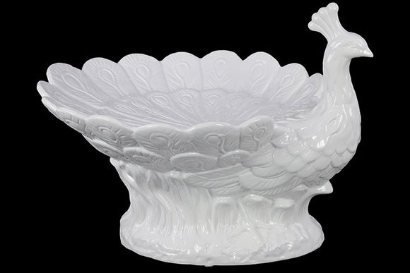 ClassyCarved Ceramic Peacock Bowl White