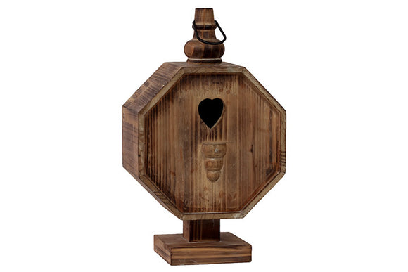 Octagon shaped Wooden Bird House with Metal Handle Attached on Top and Heart Shaped Door