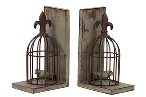 Rustic and Charming Resin Bird Cage Bookends with One Bird in Both Cage