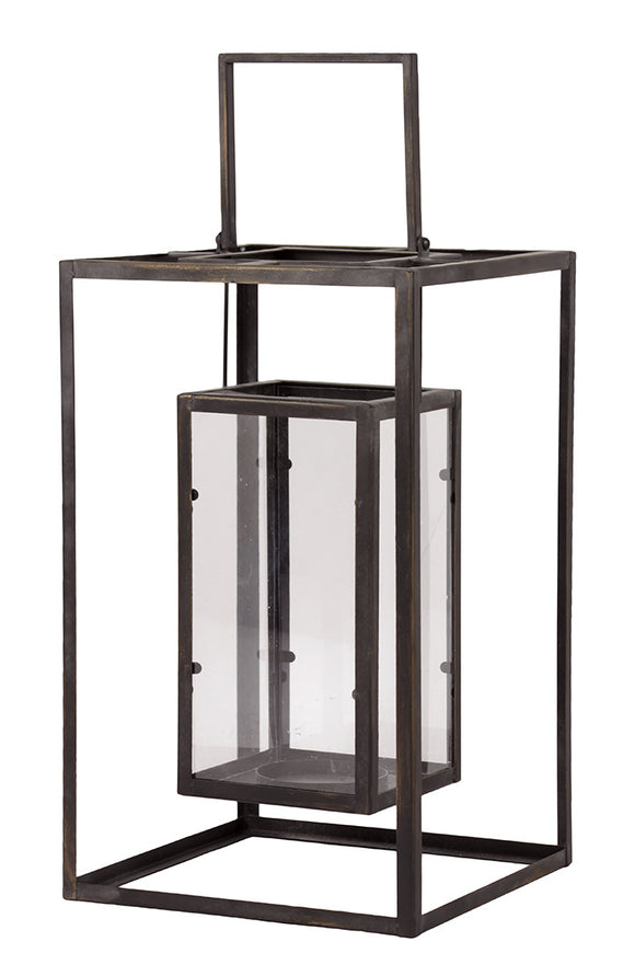 Open Panel Rectangle Shaped Metal Lantern with Holder