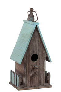 Addorable Blue Roofed Wooden Bird House with Metal Handle