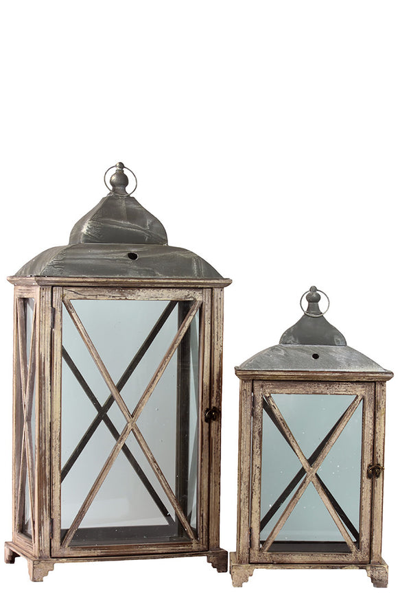 Wooden Lantern Set of Two Embellished with Crossed Design on Each Side of the Glass Panel