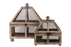 Wire Mesh and Wooden Terrarium Set of Two Attached with Metal Handle and Locker