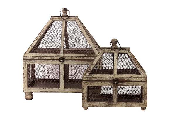 Wire Mesh and Wooden Terrarium Set of Two Attached with Metal Handle and Locker