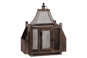 Wire Mesh Wooden Lantern with Side Shelves