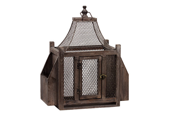 Wire Mesh Wooden Lantern with Side Shelves