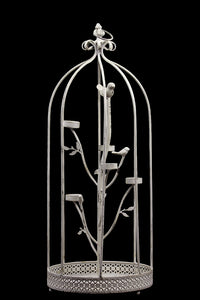 Metal Cage with Five Candle Holder and Two Metal Birds