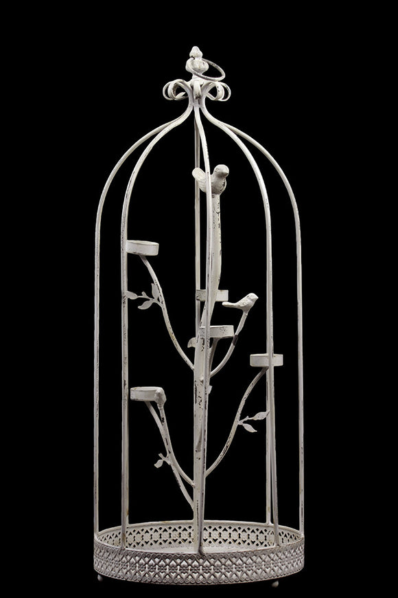 Metal Cage with Five Candle Holder and Two Metal Birds