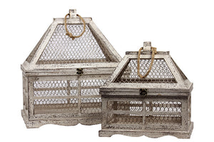 Wooden and Wire Mesh Terrarium Set of Two with Jute Rope Handle