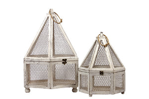 Wooden and Wire Mesh Hexagon Terrarium Set of Two with Jute Rope