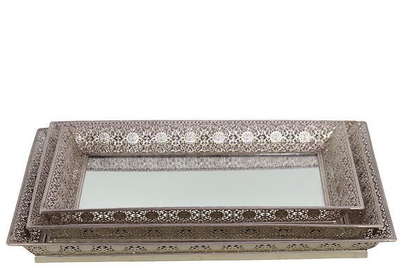 Attractive and Elegant Metal Tray/Mirror Set of Three in Silver