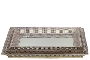 Metal Tray/Mirror Set of Three Designed with Crisscross Pattern in Silver