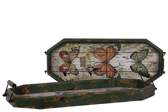 Weathered Effect Wooden Tray Set of Two Beautifully Embellished with Butterflies and Two Metal Handles Attached