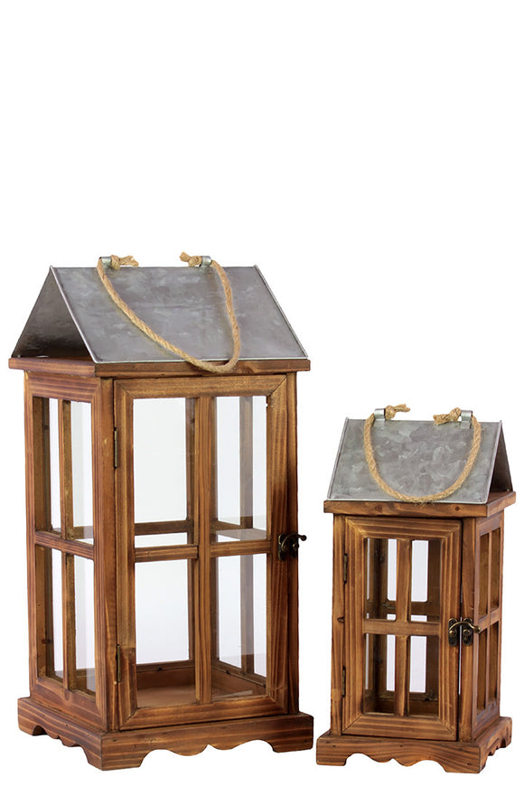 Finely Varnished Wooden Lantern Set of Two with Roof and Jute Rope Handle Attached