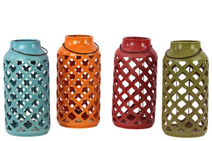 Assorted Open Cut Crisscross Design Ceramic Antique Lantern Set of Four with Handle