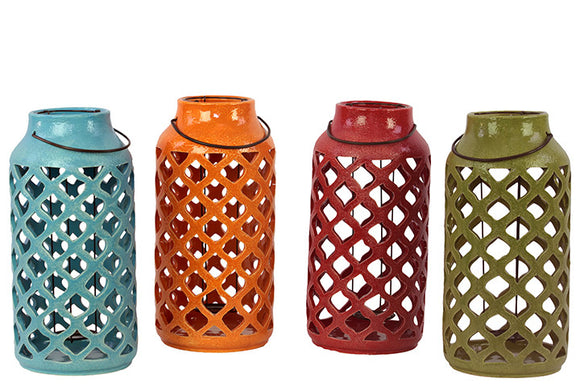 Assorted Open Cut Crisscross Design Ceramic Antique Lantern Set of Four with Handle