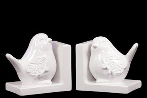 Delightful and Endearing Ceramic Bird Bookend Embellished with Beautiful Motif White