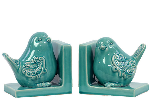 Delightful and Endearing Ceramic Bird Bookend Embellished with Beautiful Motif Turquoise