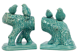 Modish and Beautiful Chirping Ceramic Bird Standing on a Stump Turquoise