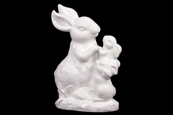 Endearing Mother Ceramic Rabbit Décor Embracing Young kits White