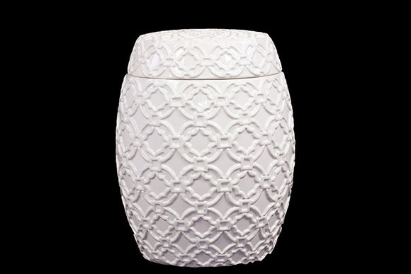 Drum Shaped Ceramic Jar with Beautiful Motif in White