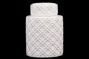 Cylindrical Shaped Ceramic Jar Embellished with Beautiful Motif in White