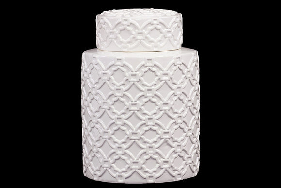 Cylindrical Shaped Ceramic Jar Embellished with Beautiful Motif in White