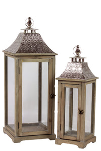 Wooden Lantern with Ethnic Design Metal Roof Set of Two