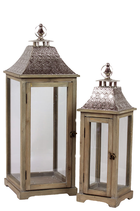 Wooden Lantern with Ethnic Design Metal Roof Set of Two