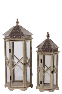 Skillfully Crafted with Zigzag Design Wooden / Metal Lantern Set of Two