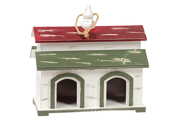 Wooden Bird House with Attractive Red and Khaki Colored Roof and Two Doors