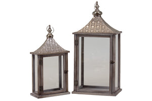 Wooden Lantern Set of Two with Traditional Eastern Designed Metal Roof