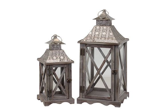 Beautiful Metallic Roofed Wooden Lantern Set of Two Embellished with Crossed Design on Each Side of the Glass Panel