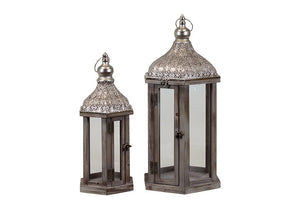 Wooden Lantern Set of Two with Beautifully Elaborated Metallic Roof