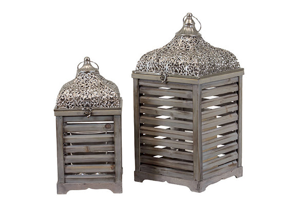 Paneled Wooden / Metal Lantern Set of Two with Beautifully Crafted Metallic Roof