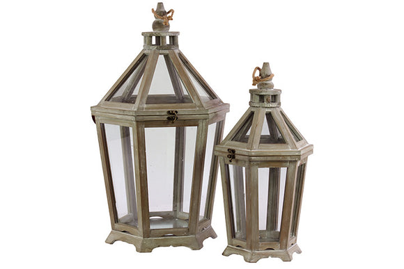 Set of two Wooden Lanterns with Antique Wood Effects and Glass Panel Design