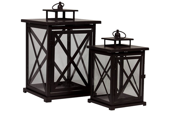 Square Shaped Metal Lantern Set of Two with Cross Design on Each Side of the Panel in Brown