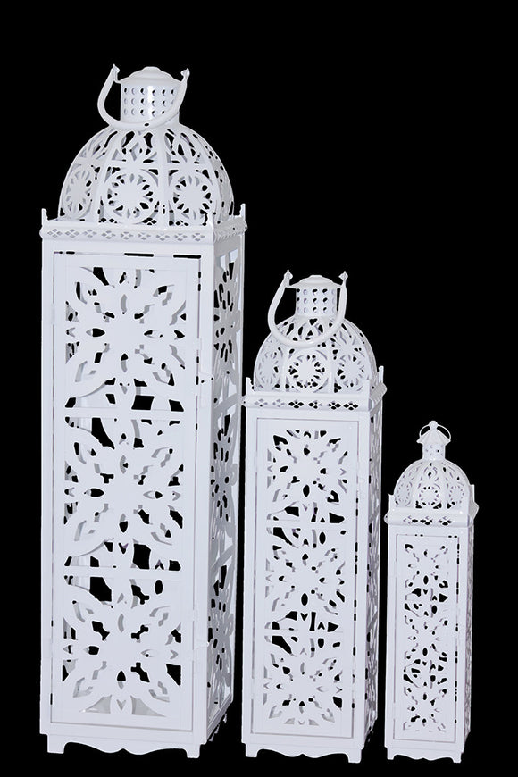 Beautifully Carved Traditional Metal Lanterns Set of Three in White