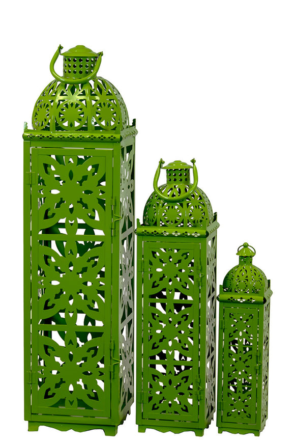 Beautifully Carved Traditional Metal Lanterns Set of Three in Green