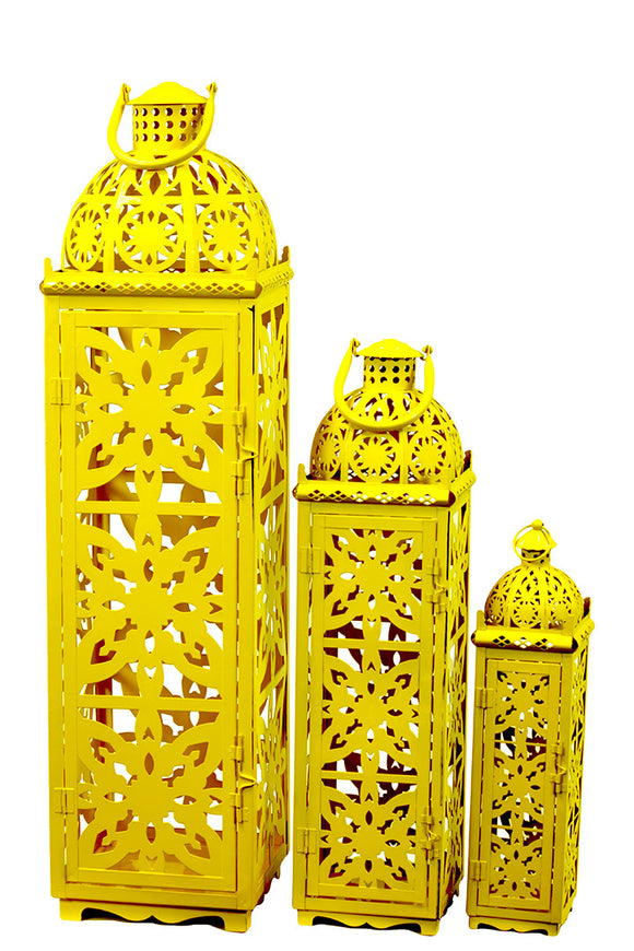 Beautifully Carved Traditional Metal Lanterns Set of Three in Yellow