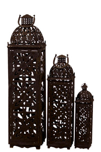 Beautifully Open Carved Metal Rustic Lanterns Set of Three in Brown