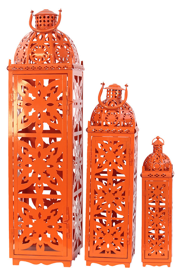 Beautifully Open Carved Metal Lanterns Set of Three in Orange