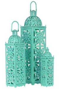 Beautifully Open Carved Metal Lanterns Set of Three in Turquoise