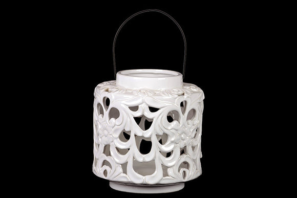 Beautifully Open Carved with Floral Design Ceramic Lantern in White