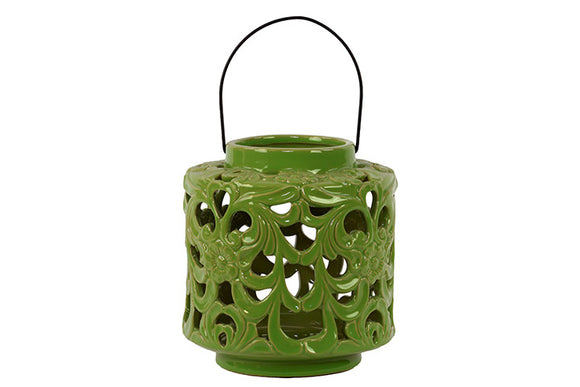 Beautifully Open Carved with Floral Design Ceramic Lantern in Green