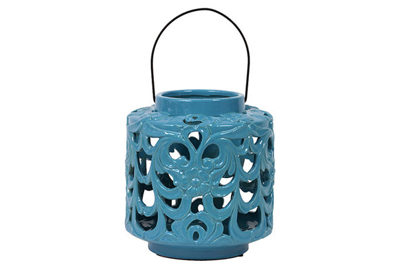 Beautifully Open Carved with Floral Design Ceramic Lantern in Turquoise