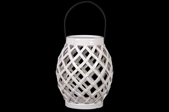 Skillfulll Crafted Open Crisscrossed Design Ceramic Lantern in White