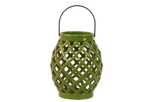 Skillfully Crafted Open Crisscrossed Design Ceramic Lantern in Green